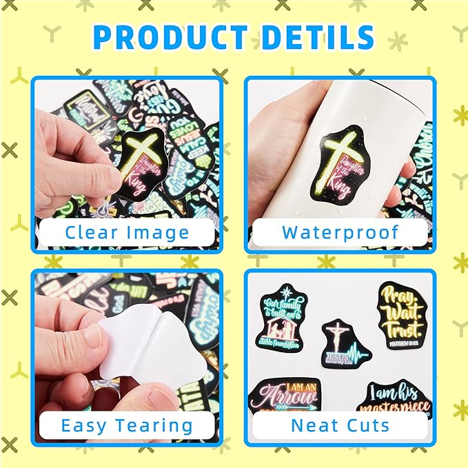 70 Pcs Neon Christian Bible Kids Stickers, Jesus Christ Faith Vinyl Waterproof Water Bottle Decals, Teens Adults Religious Christianity Christmas Thanksgiving Decor