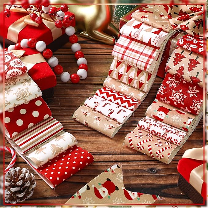 40 Pcs Hot Cocoa Christmas Quilting Fabric Roll 2.56 Inch Precut Fabric Squares Jelly Patchwork Snowflake Red Cardinal Plaid Strips Materials for Winter Xmas Holiday Craft Sewing Panels DIY