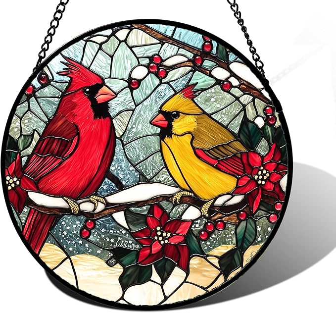 Stained Glass Window Hanging, Love Birds Cardinals Sun Catchers Colorful Glass Panel Birds Suncatcher Decor for Birthday for Women, Men, Wife, Lovers, and Mom 7.8 in