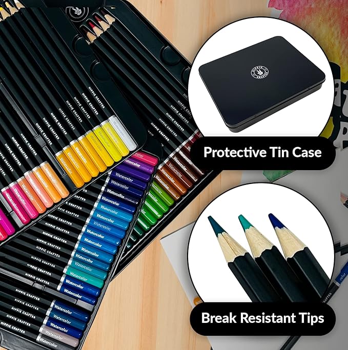HIPPIE CRAFTER Watercolor Colored Pencils, Professional 72-Piece Set, Bulk Water Color Pencils for Adult Coloring, Painting, Drawing, and Art for Artists and Beginners