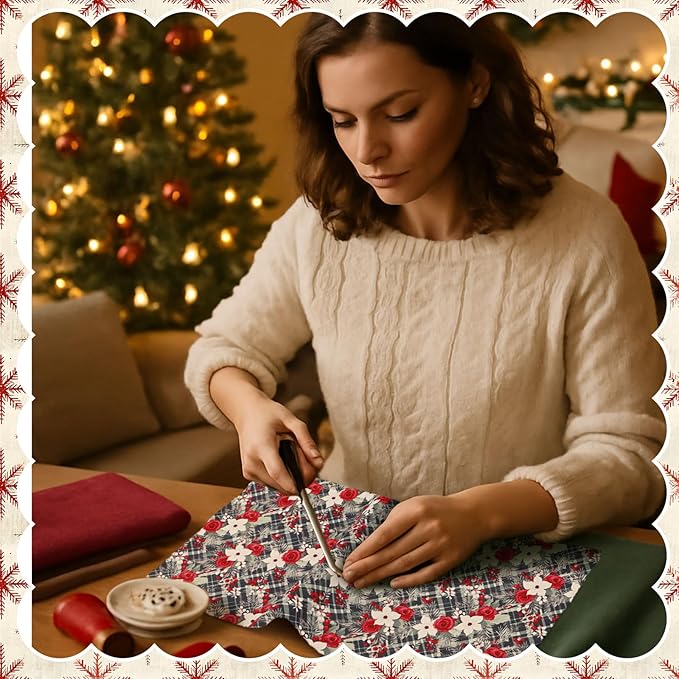 60 Pcs 10 x 10 Inch Vintage Poinsettia Christmas Quilting Fabric Christmas Fat Squares Patchwork Precut Red Buffalo Plaid Fabric Bundles for Xmas Winter Quilting Crafting DIY Craft Sewing