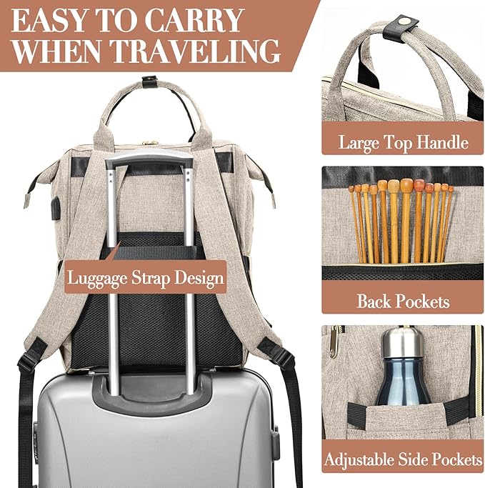 Knitting Bag Backpack, Crochet Bag Tote, Yarn Organizer with USB Charging Port, Christmas Gifts Large Travel Knit Storage Tote for Crochet Hooks, Knitting Needles, Yarn Supplies, Beige