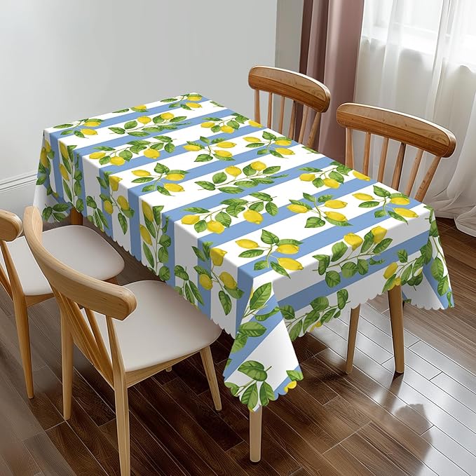 Lemon Rectangle Tablecloth Summer Yellow Lemons Blue and White Striped Table Cloth Dining Table Cover for Home Kitchen Restaurant Party Buffet Picnic 54 x 72 Inch