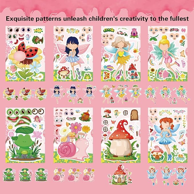 24 PCS Fairy Stickers for Kids, Make a Face Sticker with 8 Unique Designs Fairy, Frog, Mushroom, Make Your Own Stickers for Girls Birthday Party Favors, Goodie Bags, DIY Crafts