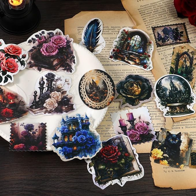 120 Pieces Dark Art Themed Stickers and Scrapbook Paper Kit, 4 Pack Aesthetic Decorative European-Style Vintage Scrapbook Stickers for Scrapbooking, Journaling, DIY Crafts and Planner Supplies