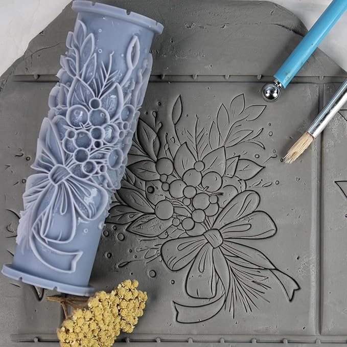 Mistletoe Clay Texture Roller (4") - Christmas Set #01 - Embossing Pattern Roller for Polymer & Ceramic Clay, Pottery & Crafts