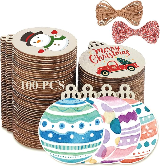 100PCS Christmas Wooden Ornaments Unfinished, DIY Christmas Crafts for Kids, Wood Cutouts Slices DIY Crafts Supplies for Girls Adults, Xmas Ornaments Holiday Decoration