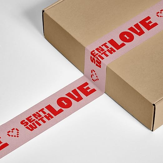 Sent with Love - Cool Decorative Packing Tape for Small Business - Cool Cute Designer Printed Packaging and Shipping Tape - Pink Red, Heart, 1.88" x 110 Yards (330 feet)