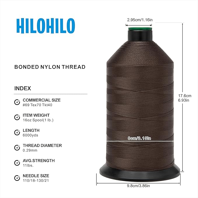 Extra Strong Bonded Nylon Thread #69 Tex70 – 16 OZ, 6000yds, Versatile Stitching Solution for Leather, Upholstery, Canvas Repair and More (Coffee)