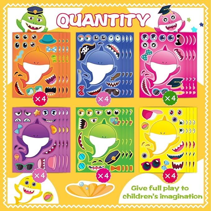 24 Sheets Make a Shark Stickers for Kids, Ocean Animals Arts and Crafts, Make Your Own Sea Animal Sticker for Party Favors, Summer Stickers for Kids Classroom Activities Teacher Reward