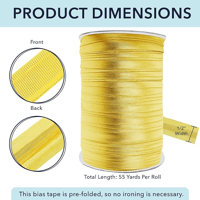 Mandala Crafts 1/2 Inch Single Fold Bias Tape for Sewing, Quilting, Piping, Hemming, Blanket & Quilt Binding – 55 Yards Metallic Gold Fabric Seam Binding Tape