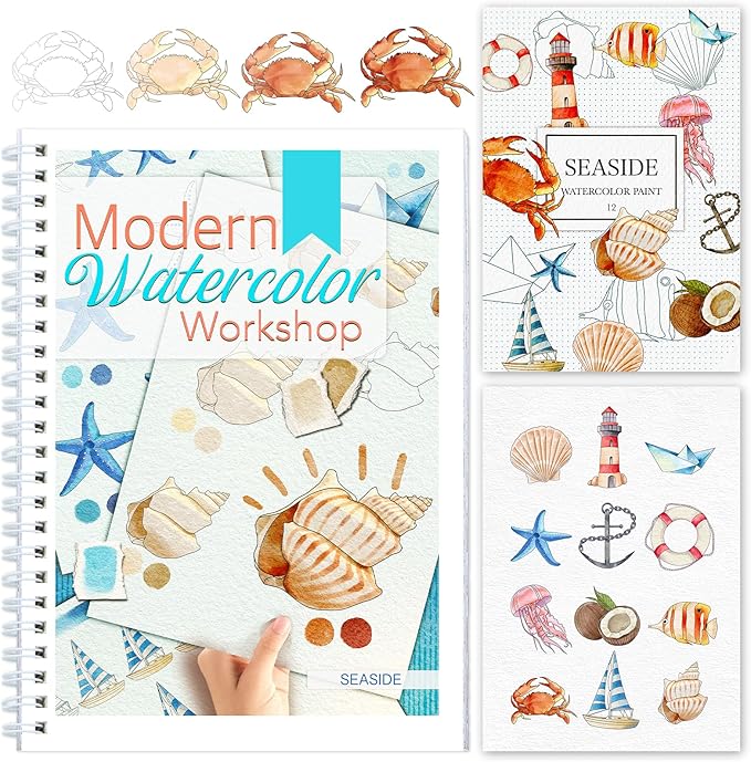 Watercolor Workbook for Beginners with Step-by-Step - 12 Watercolor Coloring Pages - 100% Cotton 300gsm/140lb Watercolor Paper - Gift for Women,Adults, Teens (Seaside)
