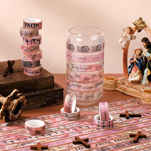 Janlaugh 24 Rolls Christian Washi Tape Gifts Bulk Religious Inspirational Scripture Supplies Pink Bible Verse Washi Tape for Bible Journaling Study Crafting New Year DIY Gifts