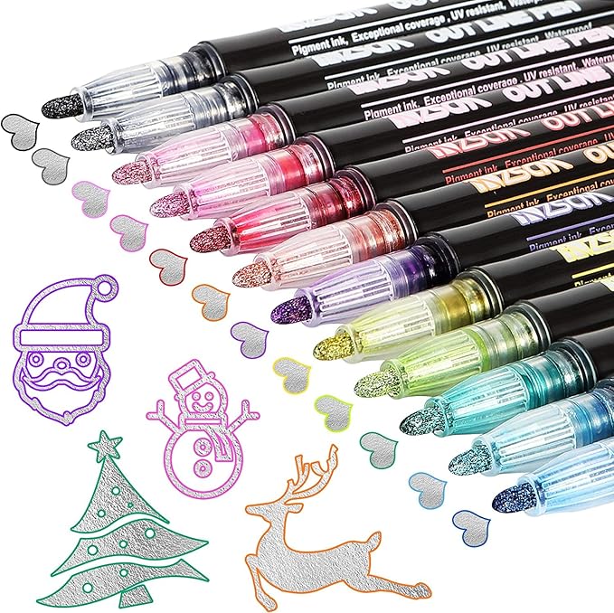 12Colors Super Squiggles Shimmer Markers, Self-outline Metallic Markers for Painting, Drawing, Gift Cards