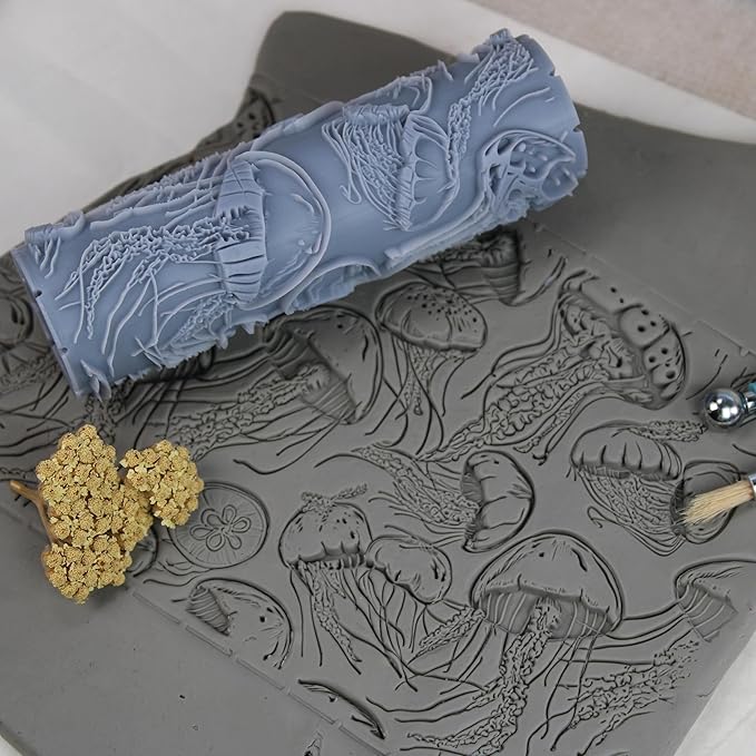 Jellyfish Ballet Clay Texture Roller (4") - Seamless Ocean Set #01 - Embossing Pattern Roller for Polymer & Ceramic Clay, Pottery & Crafts
