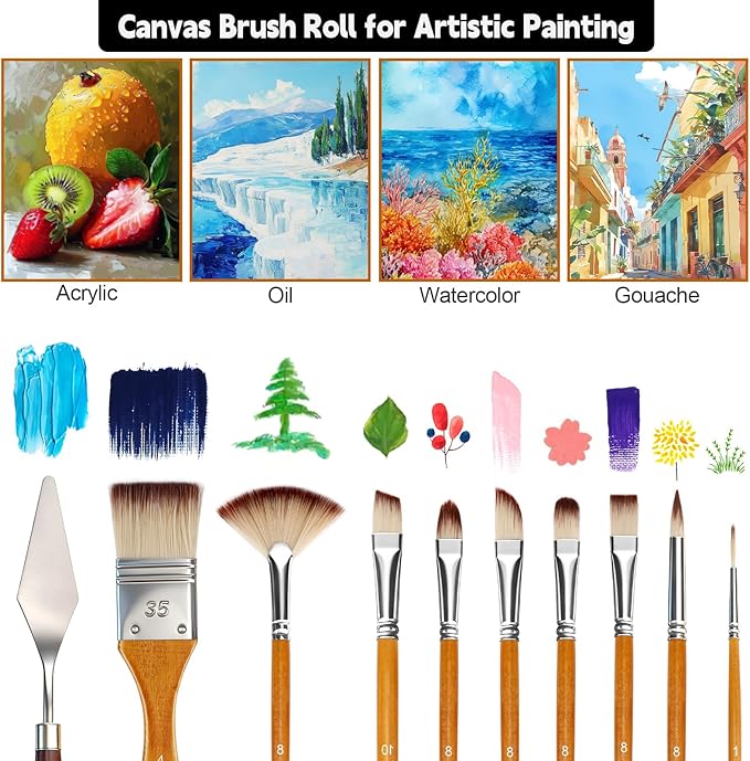 25pcs Paint Brush Set, Professional Paint Brushes with Canvas Roll and Palette Knife, Acrylic Paintbrush Kit for Artist,Watercolor,Oil,Gouache