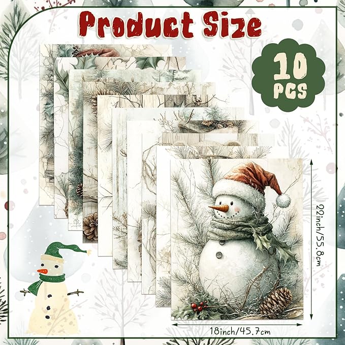 10 Pcs 18 x 22 Inch Vintage Green Christmas Quilting Fabric Winter Snowman Fat Squares Reindeer Patchwork Precut Strips Gingerbread Man Fabric Materials for Winter Xmas Sewing Craft DIY
