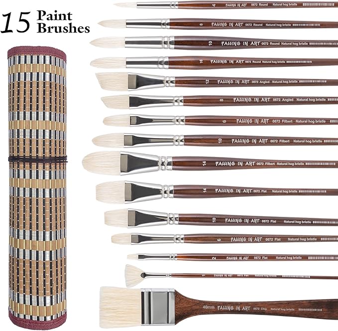 Falling in Art Natural Bristle Professional Paintbrush Set, 15PCS Long Handle Brushes for Acrylic Painting, Oil Paint Brushes of Fan, Round, Flat, Angled, and, Filbert with Storage Pouch, Brown