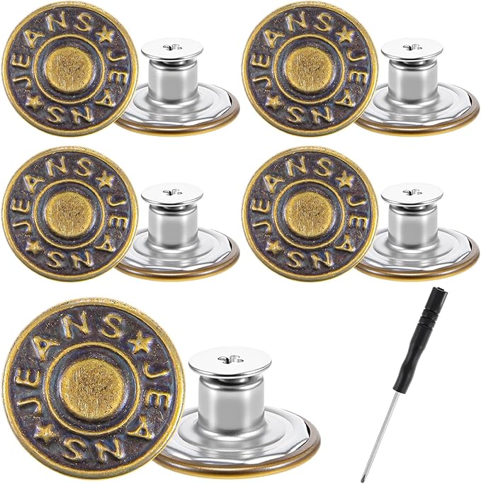 10 Sets Jean Buttons for Loose Jeans, 17mm Jean Button Replacement, Removable Jean Button Replacement Repair Kit with Threads Rivets and Screwdriver, Zinc Alloy Jean Buttons Repair Kit