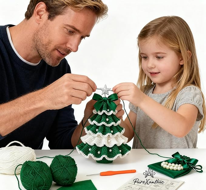 DIY Crochet Christmas Tree Kit – Handmade Holiday Decoration Set,Parent-child activities craft kit,Tree Bow Pearl Embellishment,Cross-stitch by hand,Festive decorations (Multicolour) (Green & White)