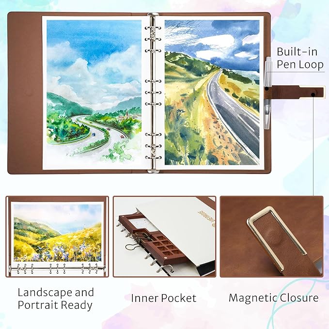 Vienrose 9" x 7" 3 Ring Watercolor Sketchbook, Faux Leather Cover Professional Art Journal with Detachable 24 Sheets 48 Pages, Ideal for Water Coloring, Sketching, Painting, Darkbrown
