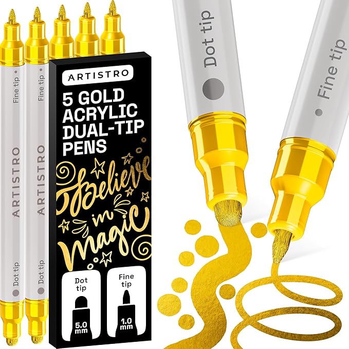 ARTISTRO 5 Gold Acrylic Paint Markers for Rock, Fabric, Wood, Glass, Craft, Decoration - Dual-Tip Paint Pens - Stocking Stuffers, Christmas Gift Idea for Teens, Grandkids, Kids - Art Supplies
