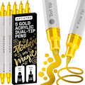 ARTISTRO 5 Gold Acrylic Paint Markers for Rock, Fabric, Wood, Glass, Craft, Decoration - Dual-Tip Paint Pens - Stocking Stuffers, Christmas Gift Idea for Teens, Grandkids, Kids - Art Supplies