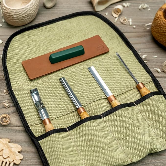 BeaverCraft Wood Carving Gouges Chisels Kit SC01 - Wood Spoon Carving Chisel Set - Whittling Tools Includes Radial Gouges, Flat Chisel, Bent Gouge, Leather Strop & Rolling Pouch