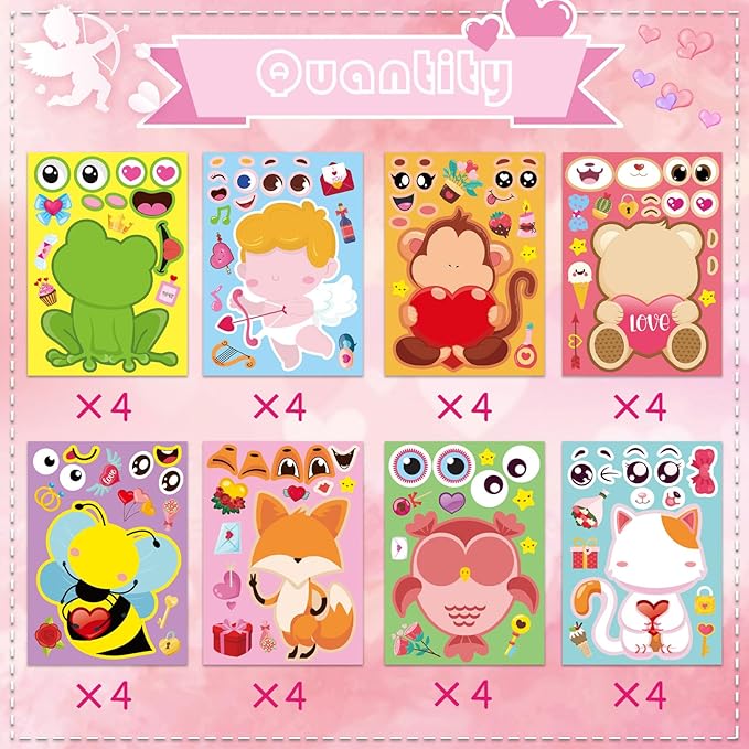 32 Sheets Valentine Stickers for Kids, Valentine' s Day Make a Face Stickers, Make Your Own Valentine Stickers 8 Designs of Animal Little Angel Sticker, Valentines Crafts Love Heart Sticker