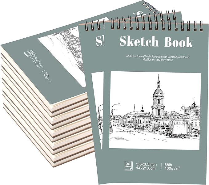 12 Pack Sketch Book, 5.5 x 8.5 Inch Sketchbook, 68lb/100gsm Top Spiral Bound Sketch Pad, Acid Free Art Supplies Drawing Painting Sketching Paper for Adults, Beginners, Artists (30 Sheets Each)