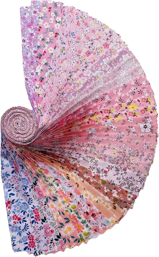 Jelly Roll Fabric 100% Cotton Quilting Fabric, 40 Pre-Cut Strips (2.5 x 44 Inch) for Quilting and Sewing - 20 Assorted Floral Prints -Rose Sea