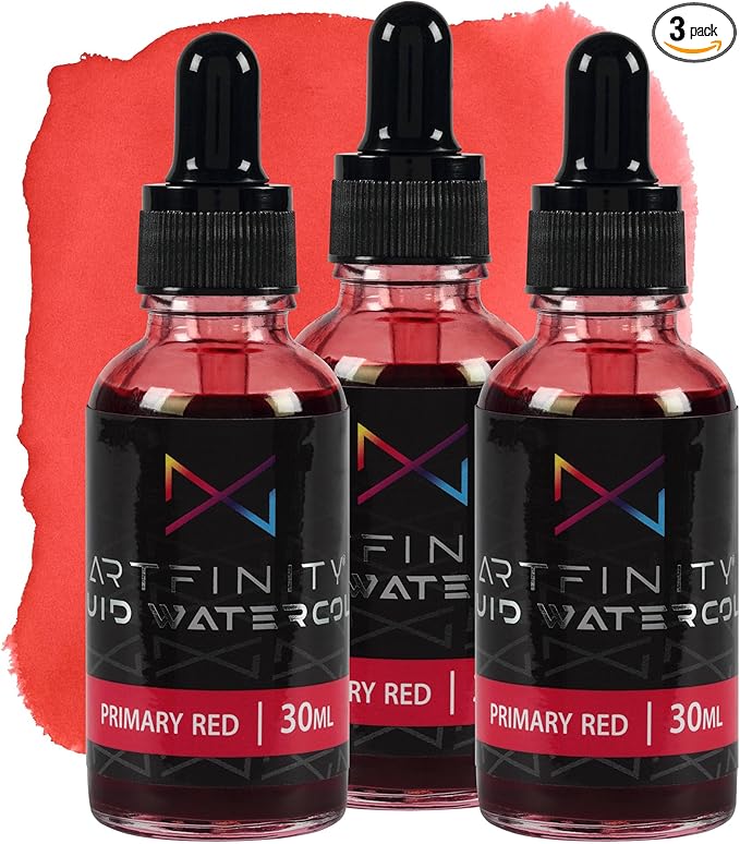 Liquid Watercolor Paint 30 ml Bottle - 3 Pack, Primary Red - Vibrant Dye-Based Liquid Watercolor w/Glass Pipette, Fast-Drying, Fine Art Paint for Calligraphy, Airbrushing & Traditional Art