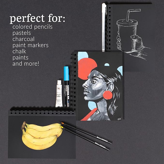 WA Portman Black Paper Sketchbook 2-Pack A5 (6" x 8.25") – 140 GSM Acid-Free Black Sketchbook for Drawing – 60 Pages (30 Sheets) Drawing Pad Journal – Mixed Media Sketch Pad for Kids & Adults