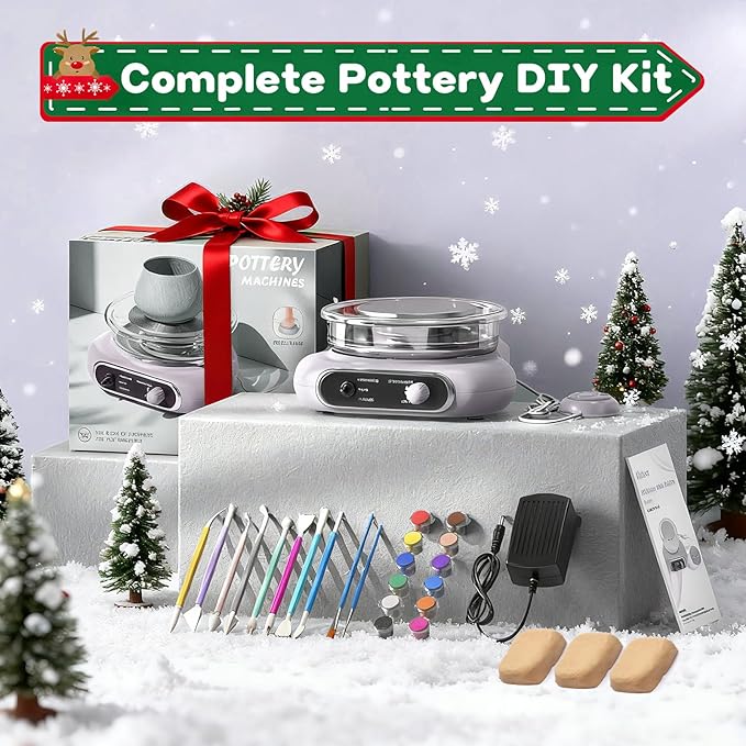Alldeer Mini Pottery Wheel Kit - 4.7" Turntable Electric Clay Wheel with Foot Pedal, Adjustable Speed Ceramic Making Machine with 8 Pottery Shaping Tools, Craft Kits for Kids