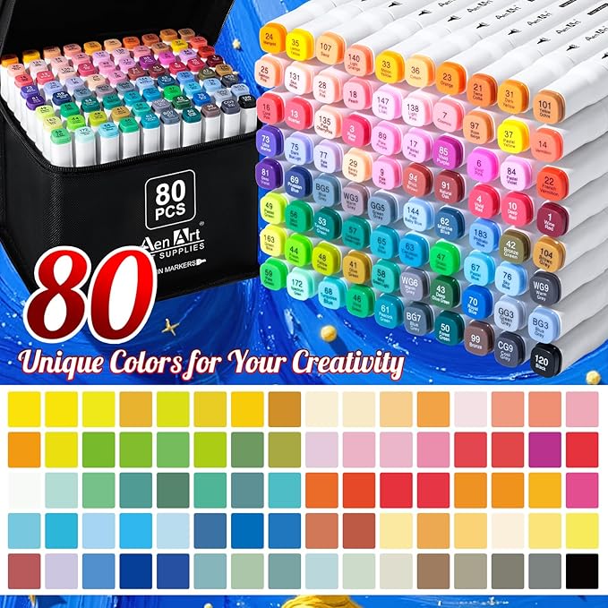 AenArt Alcohol Markers, 80 Color Dual Tip Art Drawing Markers, Artist Pens with Organizing Case for Adult Drawing Coloring Sketching（White Barrel）