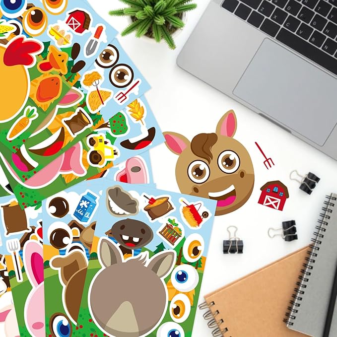 36 Sheets Farm Animal Make a Face Stickers Sheets for Kids, Make Your Own Sticker DIY Farm Animal Stickers for Kids Farm Themed Birthday Party Favor Supplies Craft
