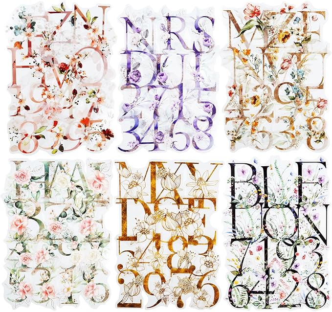 216PCS Floral Alphabet & Number Stickers Set, Waterproof Letter PET Stickers for Scrapbooking, Journaling, DIY Crafts, Card Making