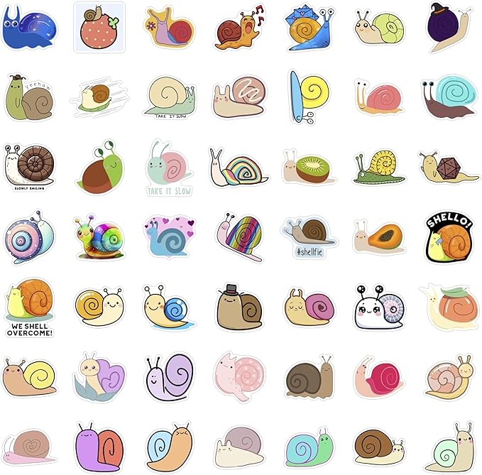 BulbaCraft 100Pcs Snail Stickers for Water Bottle and Laptop - Snail Party Supplies & Decorations, Waterproof Vinyl Decals, Cute Animal and Nature Stickers, Gifts for Women & Men