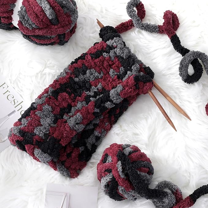 Hombys 8 Pack Giant Chunky Yarn for Crocheting/Hand Knitting - Super Bulky, Soft, Fluffy, Plush Fuzzy Tie Dye Mixed Color Thick Chenille Yarn (Wine Red, Black, Grey)