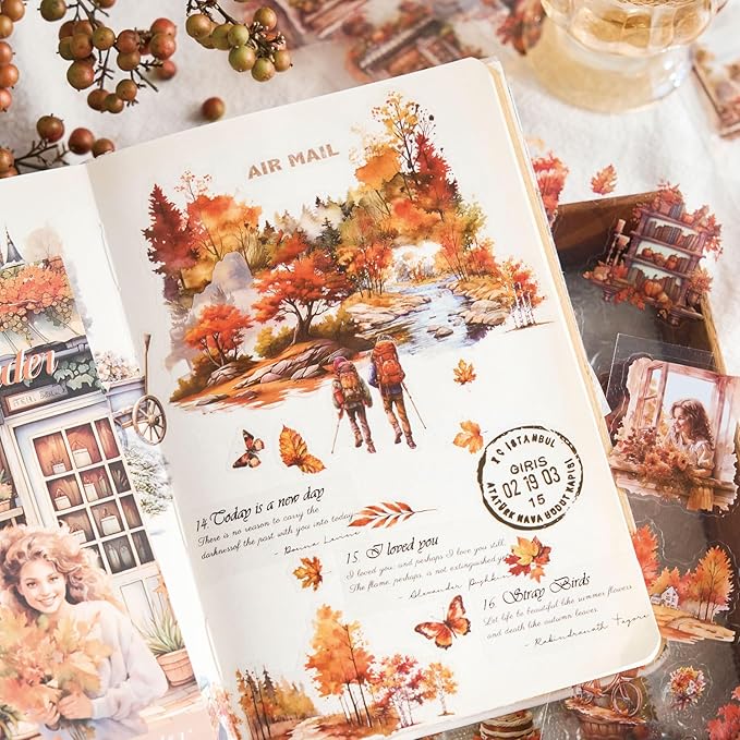MAFELOE 20 Pages PET Scrapbook Stickers, Aesthetic Deco Supplies for Journaling Junk Bullet Diary Album Calendars-Travel Scenery Series-Orange (Y3-P-SSYS)