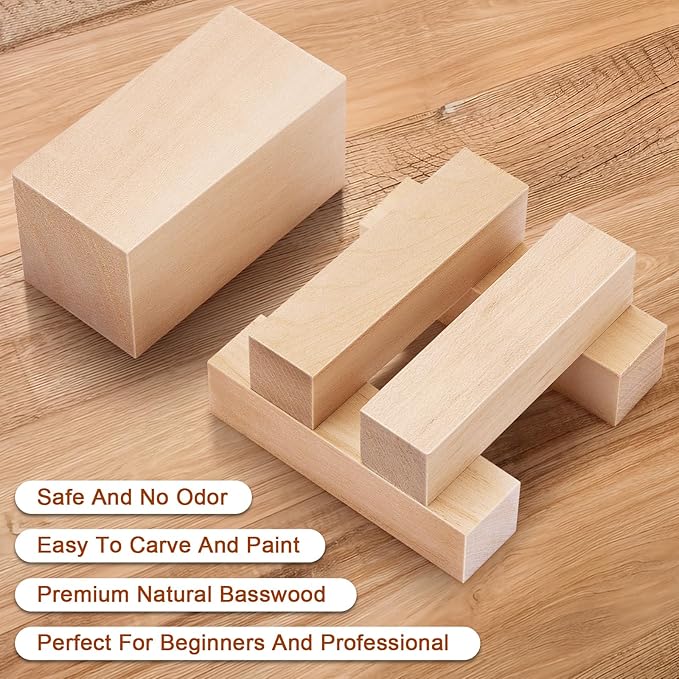 7 Pcs Basswood Blocks for Carving & Whittling - 2 Sizes (4x1x1 & 4x2x2 Inches), Premium Wood Set, Ideal for Crafts, Model Building, and Artisans (Carving & Whittling Wood)