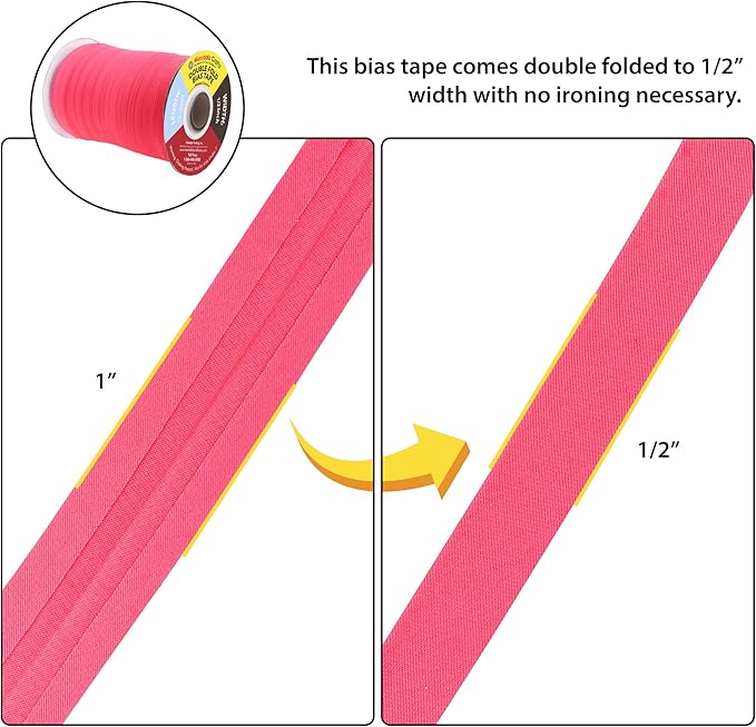Mandala Crafts 55 Yards 1/2 Inch Hot Pink Double Fold Bias Tape for Sewing - Bias Binding Tape for Quilting Binding, Hemming, Seam, and Fabric Piping