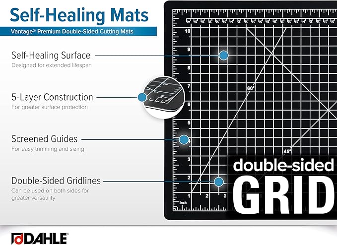 Dahle Vantage 10793 Double-Sided Premium Self-Healing Cutting Mat, 24"x36", 1/2" Grid, 5 Layers for Max Healing, Perfect for Crafts & Sewing, Black