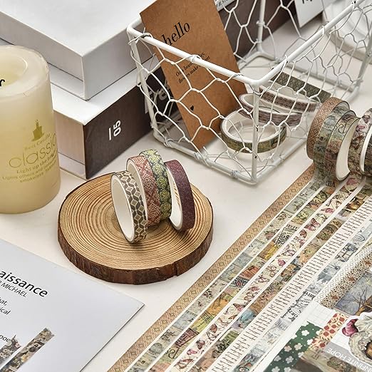 20 Rolls Skinny Vintage Washi Tape Set Retro Arts Adhesive Tapes Basic Patterns Decorative Masking Tape Sets for Craft, Kids, Scrapbook, DIY, Gift Wrapping (Through The Years)
