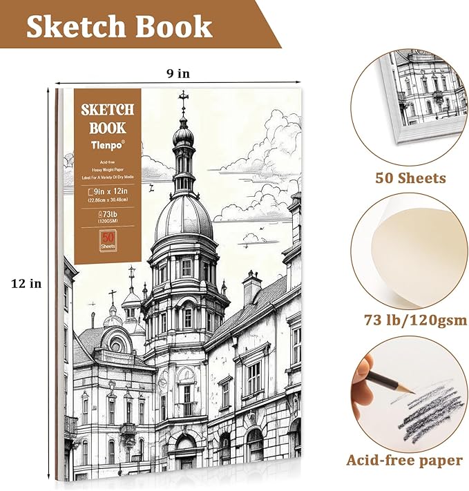 Tlenpo 9 x 12 Inch Glue Bound Sketchbook, 50 Sheets (73 lb/120gsm) Acid Free Artist Drawing Book Paper, Art Supplies for Adults Kids, Craft Activities, Sketch Paper for Drawing Coloring Sketching
