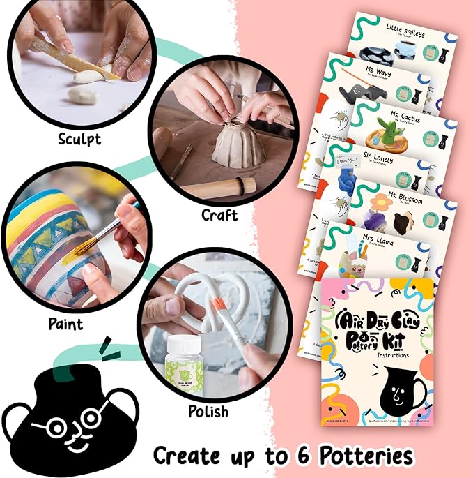 Air Dry Clay Pottery Kit for Adults, DIY Pottery Craft Clay Kit for Beginners, Sculpting Tools Set & Step-by-Step Guide, 12 Paints, Paintbrush, Varnish, Sponge, Kids Teen Party Birthday Christmas Gift