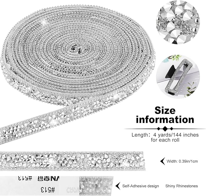 4-Yard Rhinestone Ribbon Self Adhesive Crystal Rhinestones,4-Yard Bedazzling Strips,Rhinestone Strips for DIY Craft,Rhinestones for Crafting,Home Decor,Transparent Crystals Color,0.4inch Width