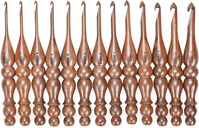 Wooden Crochet Hooks Set of 13 for Arthritic Hands | Ergonomic Soft Grip Handcrafted Knitting Needle for Crocheting and Knitting (Brown (Crochet - 1))