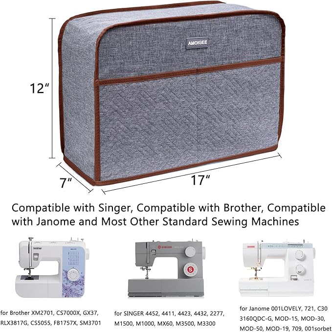 AMOIGEE Sewing Machine Cover for Brother, Singer, Janome – Quilted Dust Cover with Storage Pockets, Padded Protective Sewing Machine Case Fits Most Standard Sewing Machines (17" x 7" x 12")