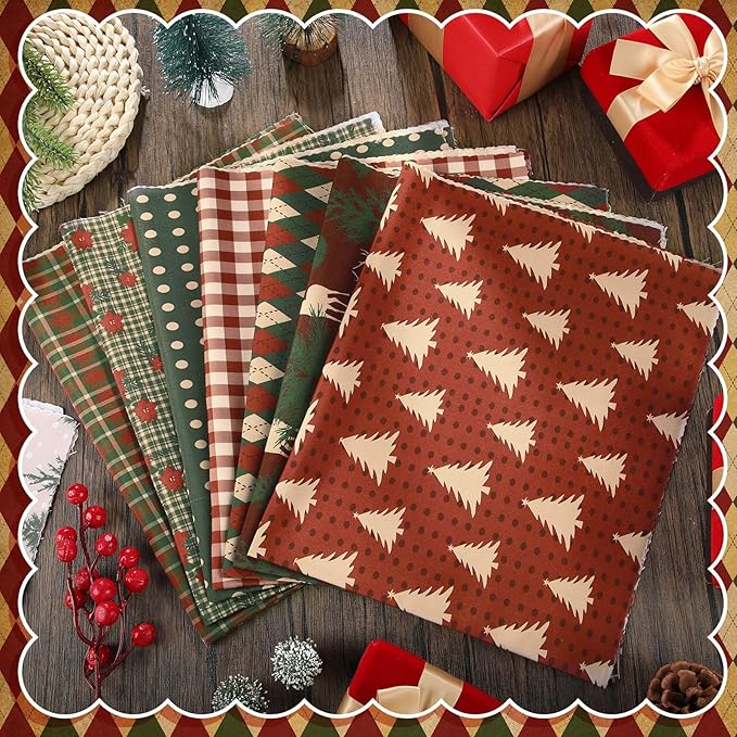 Hahafelt 10 Pcs Christmas Woodland Quilting Fabric 18 x 22 Inch Vintage Christmas Fabric Bundles Homespun Rustic Precut Reindeer Poinsettia Plaid Snowflake Fat Squares for Xmas Winter Craft Sewing DIY